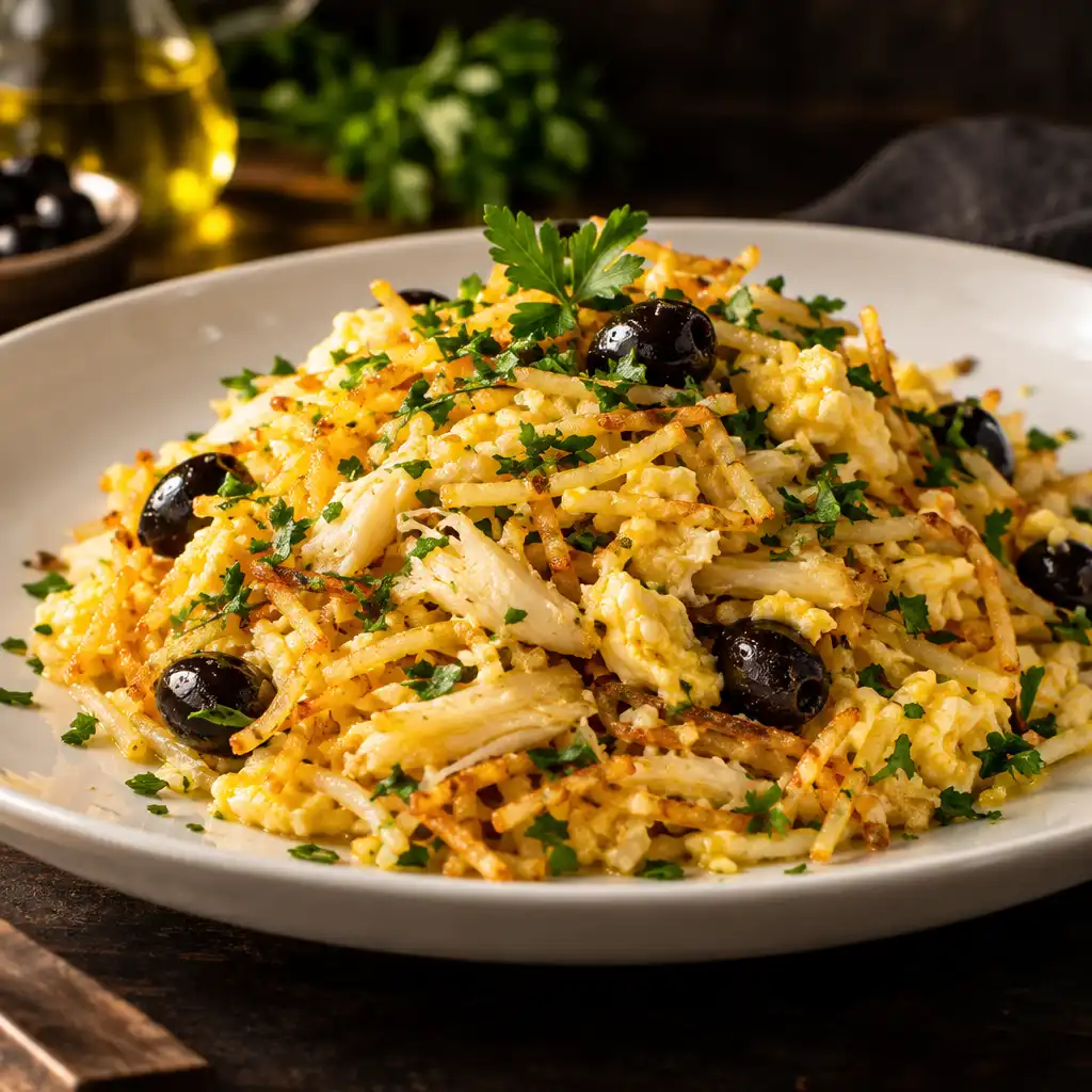 Bacalhau à Brás com batata palha dourada, ovos cremosos, azeitonas pretas e salsa