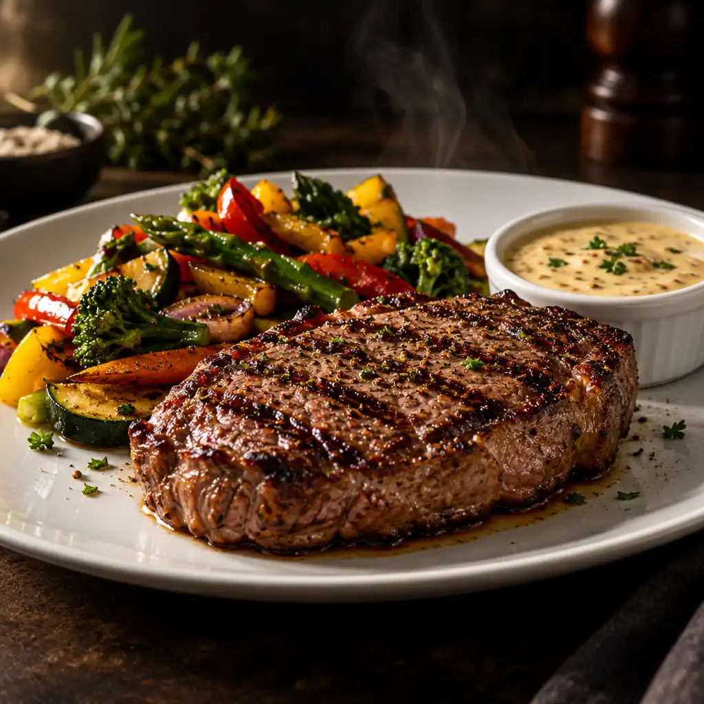Bife do lombo grelhado com molho de mostarda cremoso e legumes salteados coloridos