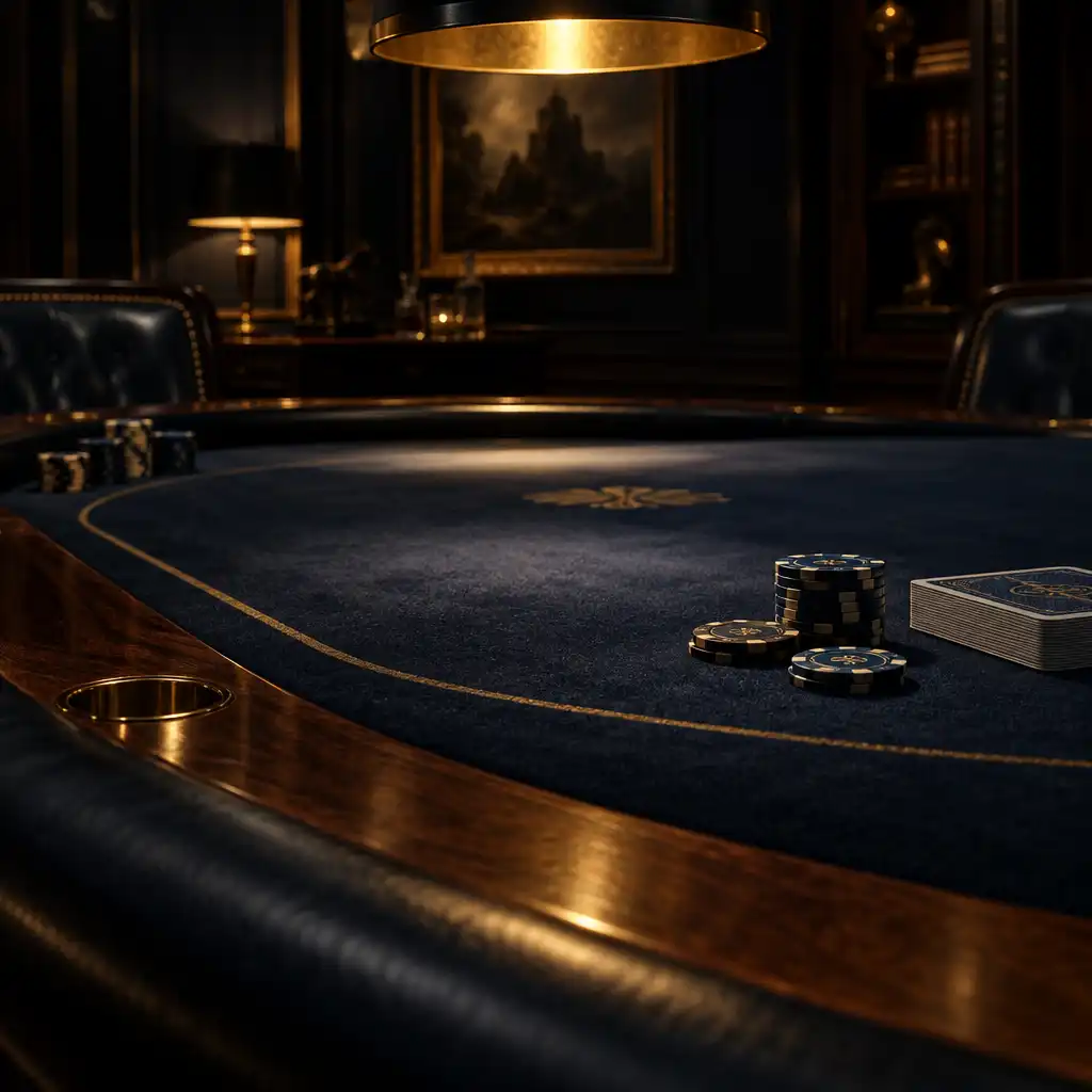 Vista em ângulo baixo de uma mesa de poker com luz quente focada no feltro e fundo em sombras profundas