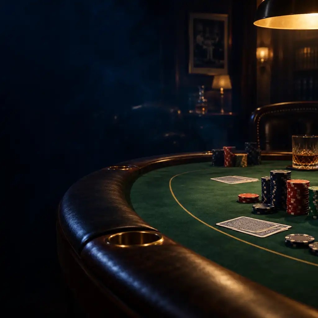 Mesa de poker premium com feltro verde, fichas e cartas sob luz quente num salão escuro e intimista