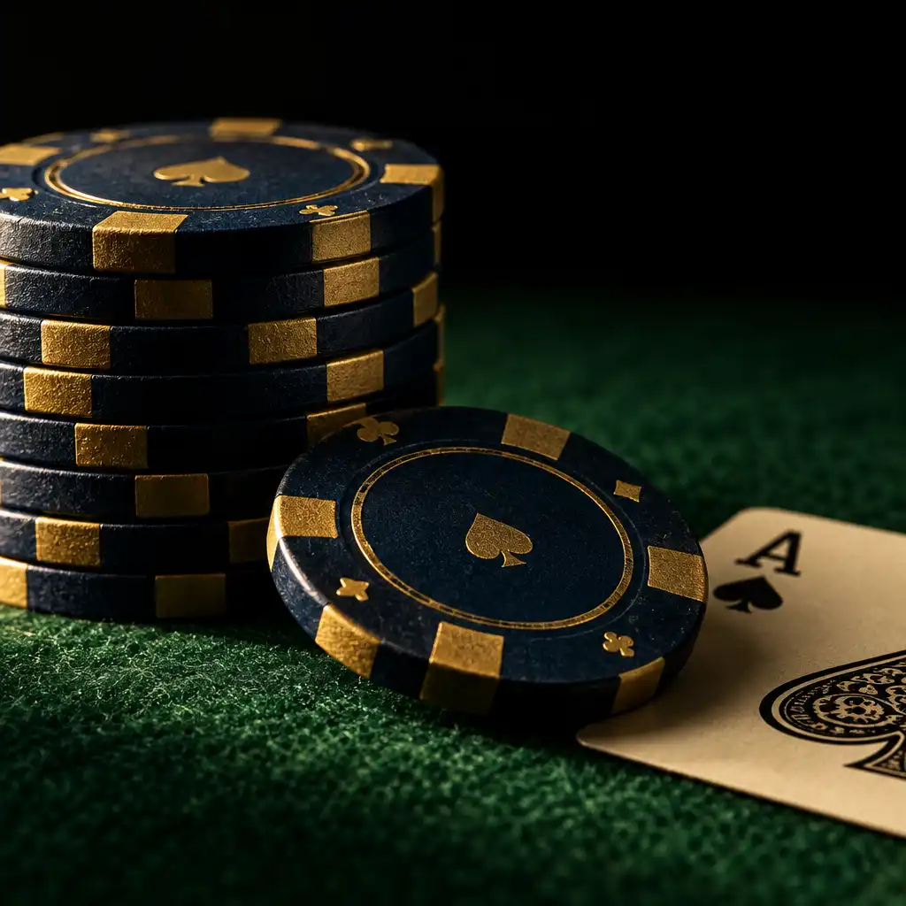 Close-up de fichas de poker empilhadas e cartas sobre feltro verde com luz lateral quente