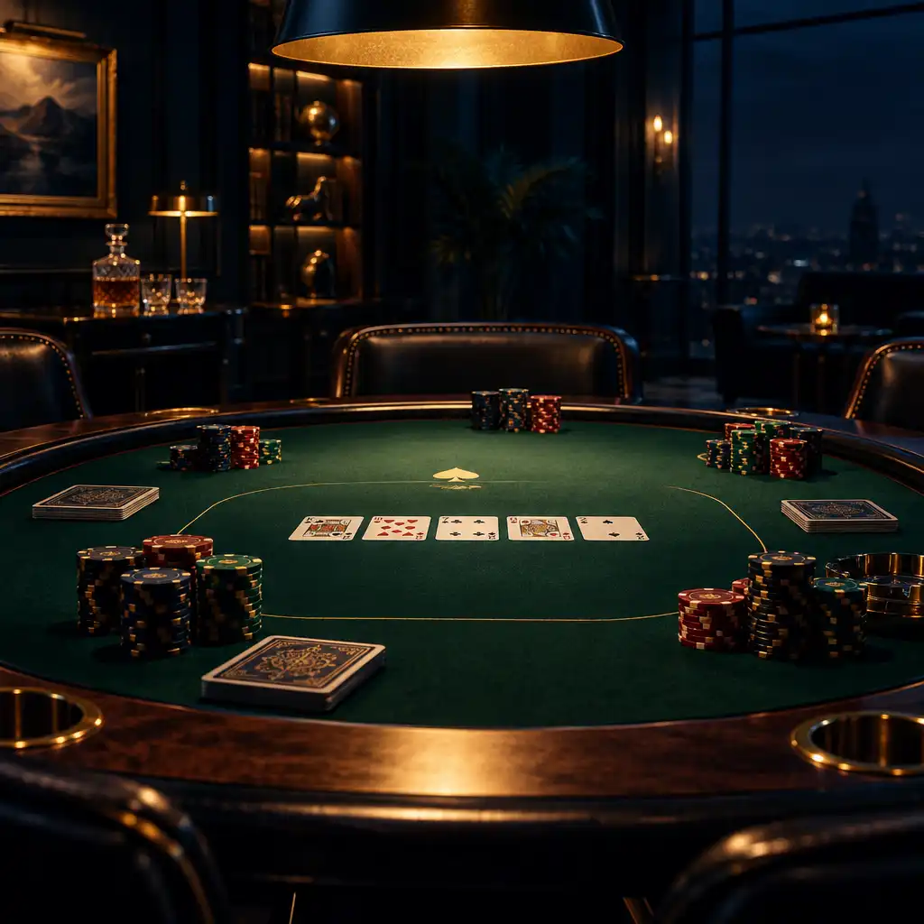 Mesa de poker profissional com fichas e cartas sob iluminação dramática