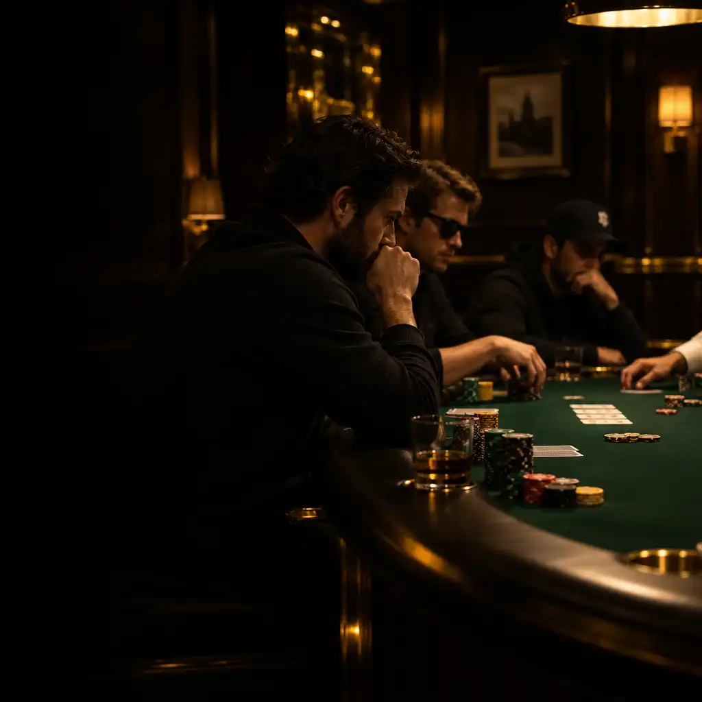 Mesa de cash game em ação com jogadores focados, fichas e cartas sobre feltro verde