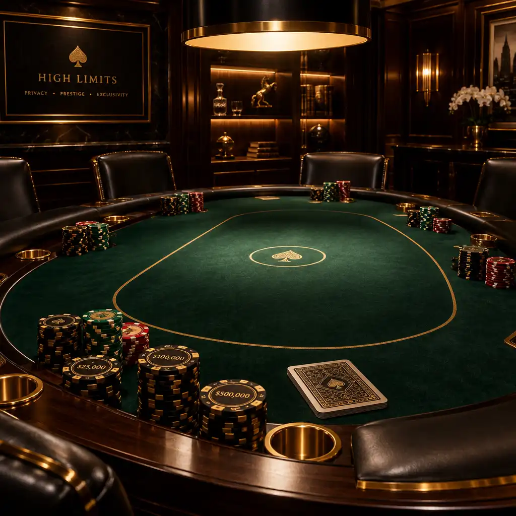 Mesa de poker de alto limite com feltro verde escuro e fichas de valor alto, iluminação dramática