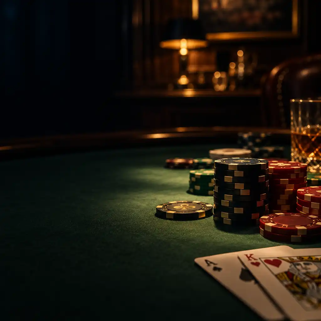 Mesa de poker em feltro verde com fichas empilhadas e cartas, iluminação baixa e reflexos dourados