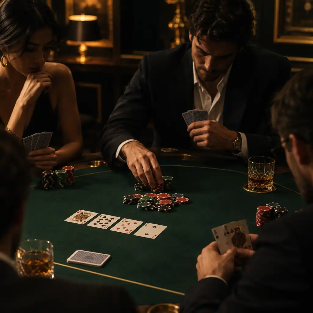 Jogadores concentrados numa mesa de poker com iluminação baixa e quente