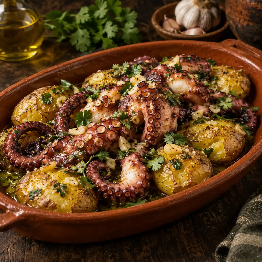 Polvo à lagareiro com batatas a murro douradas, regado com azeite e alho, com coentros frescos