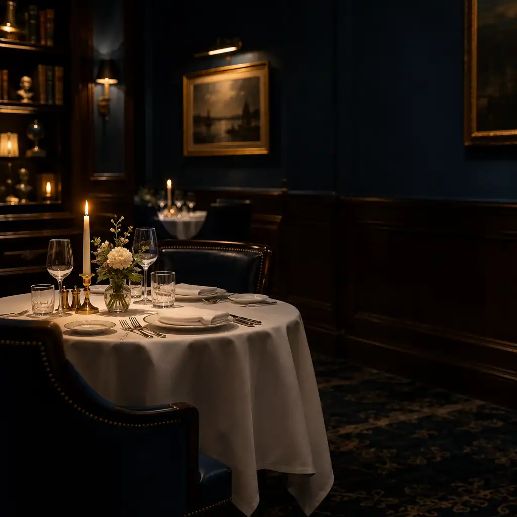 Mesa de restaurante elegantemente posta com iluminação quente e ambiente escuro